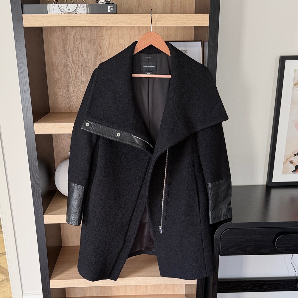 Club Monaco Black Wool Pea Coat with Leather Trim